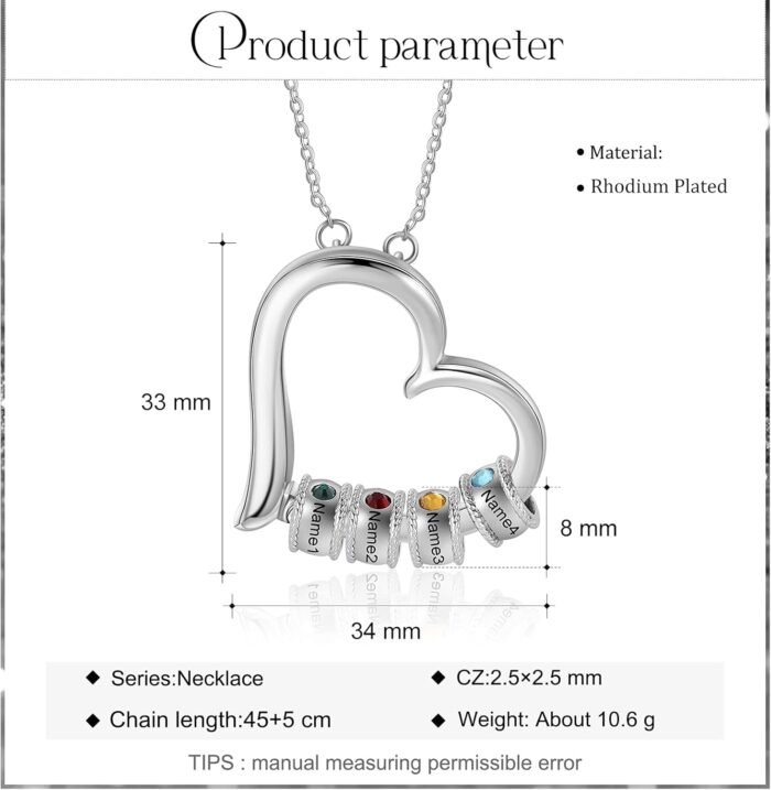 Personalized Women's Pendant Necklace 925 Sterling Silver with 1-5 Simulated Birthstone Names Customized Heart Shape Cubic Zirconia Necklace For Christmas Gifts (4 Name&4 Stone) - Image 3