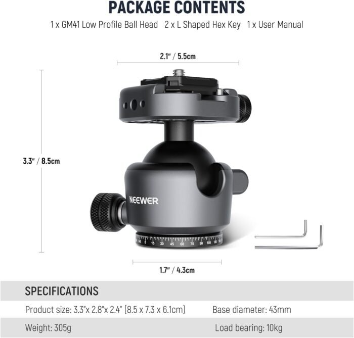 NEEWER GM41 Low Profile Tripod Ball Head, 40mm Metal Panoramic Camera Mount Adapter with 1/4" Arca Type QR Plate Compatible with Peak Design Capture Camera Clip, 360° Swivel & 90° Tilt, Max Load 22lb - Image 8