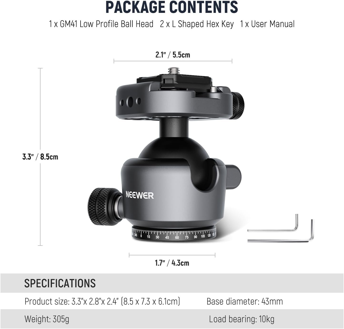 NEEWER GM41 Low Profile Tripod Ball Head, 40mm Metal Panoramic Camera Mount Adapter with 1/4" Arca Type QR Plate Compatible with Peak Design Capture Camera Clip, 360° Swivel & 90° Tilt, Max Load 22lb - Image 8