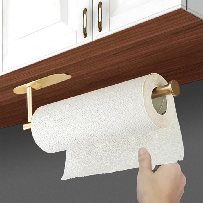 Self Adhesive Paper Towel Holder Under Cabinet Mount, Wall Mounted Paper Towel Roll Holder for Kitchen, Bathroom, Wall,BBQ Grill, Gold