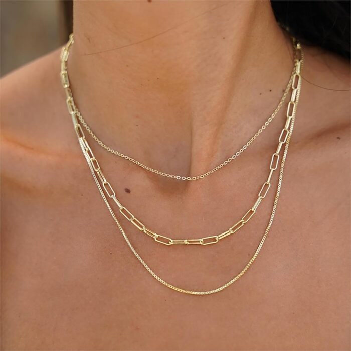 VIROMY Dainty Gold Necklace for Women 14K Gold Plated Layered Satellite Necklaces Trible Layering Paper Clip Chain Link Necklace Everyday Jewelry - Image 2