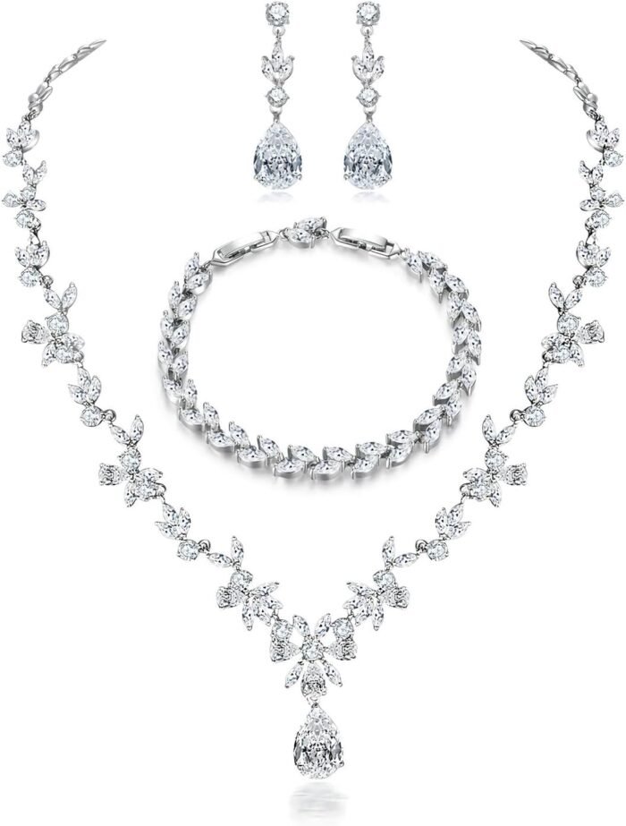 Hadskiss Jewelry Set for Women, Necklace Dangle Earrings Bracelet Set, Jewelry Set with White AAA Cubic Zirconia, Allergy Free Wedding Party Jewelry for Bridal Bridesmaid