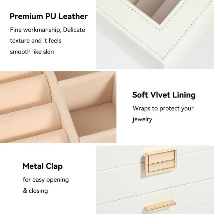 Voova Jewelry Box Organizer for Women Girls, 3 Layer PU Leather Jewelry Storage Case with Glass Lid & 2 Drawers, Large Jewellery Display Holder for Necklaces Rings Earrings Bracelets, White - Image 4