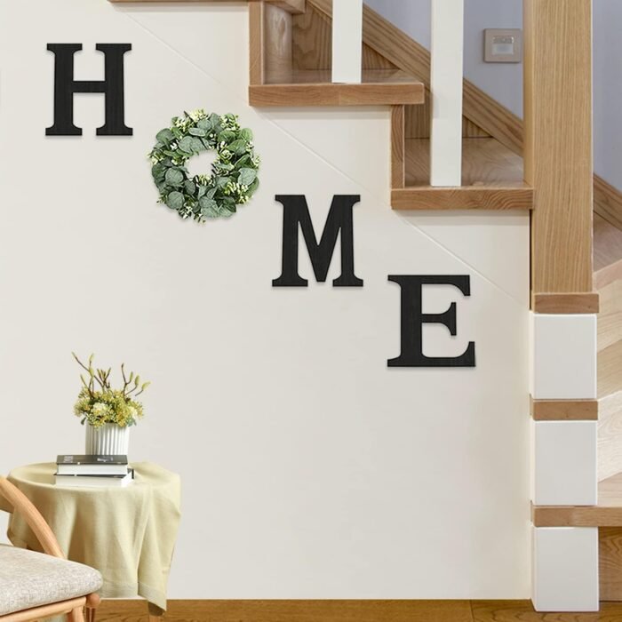 Wood Home Sign with Artificial Eucalyptus Wreath for O, Hanging Farmhouse Wall House Decor Wood Home Letters for Wall Art Rustic Home Decor, Home Wall Decor for Living Room Kitchen Entryway - Image 4