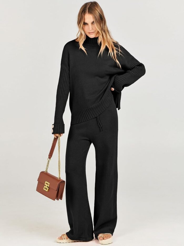 ANRABESS Women's 2 Piece Outfit Sweater Lounge Sets Long Sleeve Knit Pullover Wide Leg Pant Tracksuit Loungewear 2024 Fashion - Image 3