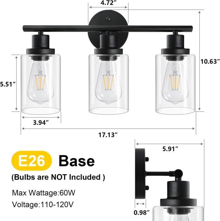 Unicozin Modern Bathroom Light Fixtures, 3 Light Vanity Lights, Black Wall Lamp with Clear Glass for Bathroom, Mirror, Living Room, Bedroom, Hallway, E26 Base - Image 9