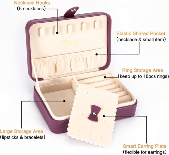 Voova Small Jewelry Organizer Box, Travel Jewelry Case for Women Teen Girls, Mini PU Leather Portable Jewellery Storage Boxes Holder with Smart Earrings Plate for Necklaces Rings Bracelets, Purple - Image 2