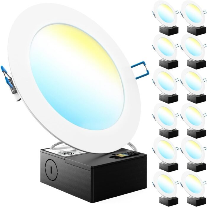 Sunco 12 Pack 6 Inch Ultra Thin LED Recessed Ceiling Lights Slim, Selectable CCT 2700K, 3000K, 4000K, 5000K, 6000K, Dimmable, 14W, Wafer Thin, Canless with Junction Box - ETL