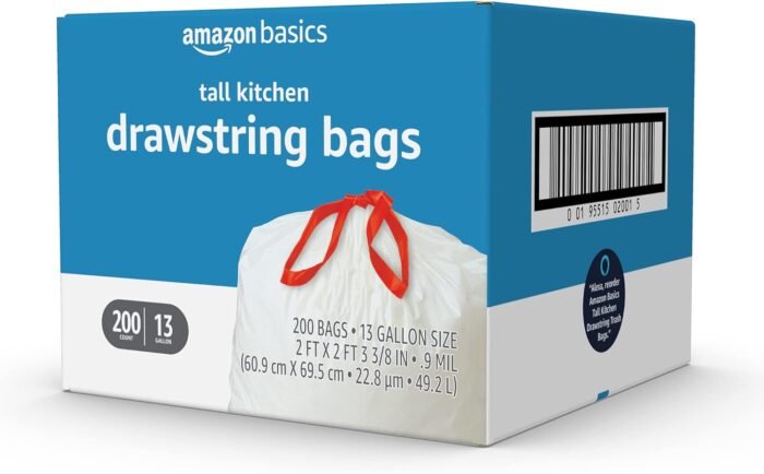 Amazon Basics Tall Kitchen Drawstring Trash Bags, 13 Gallon, 200 Count, Pack of 1 - Image 4