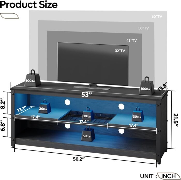 Bestier Gaming TV Stand with LED Light for TVs up to 60 Inch, Entertainment Center with Adjustable Shelves, Modern Industrial TV Media Console with Storage Shelves for Living Room Bedroom, Black - Image 2