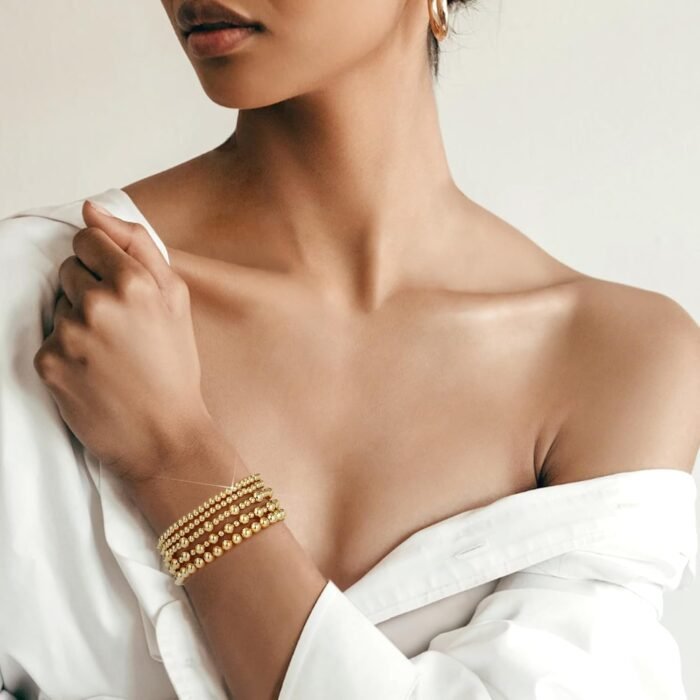 adoyi Gold Bracelets for Women, 14K Gold Plated Beaded Bracelets Gold Stretch Bead Ball Bracelet stack Set Adjustable Bracelet Set Jewelry for Gifts - Image 4