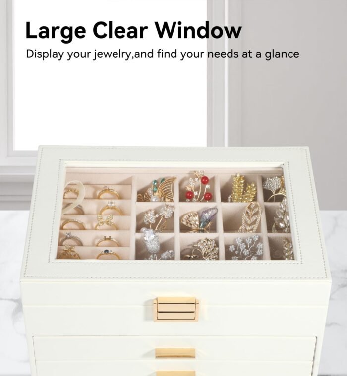 Voova Jewelry Box Organizer for Women Girls, 3 Layer PU Leather Jewelry Storage Case with Glass Lid & 2 Drawers, Large Jewellery Display Holder for Necklaces Rings Earrings Bracelets, White - Image 5