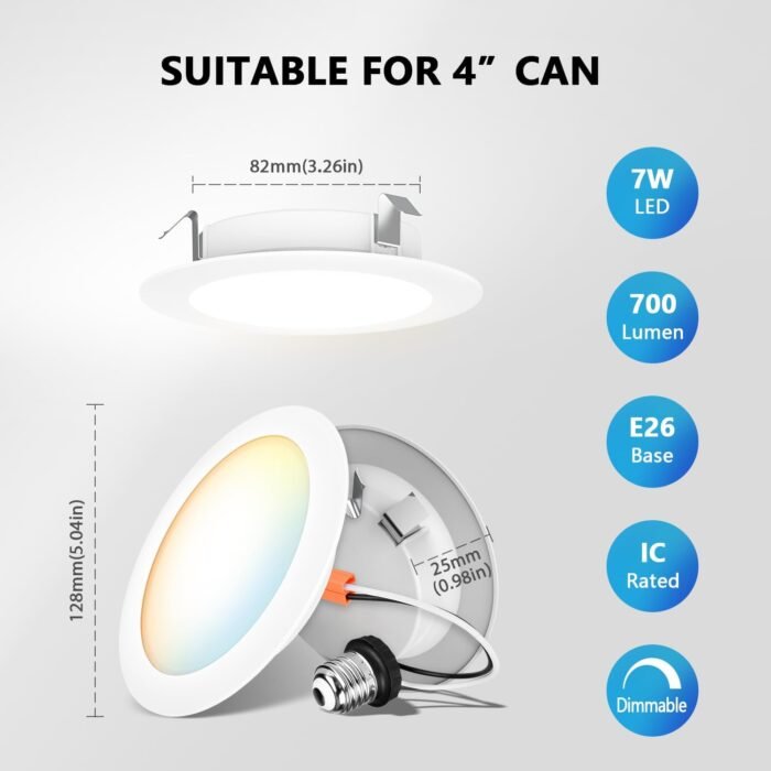 LVWIT LED Recessed Light 4inch, Can Lighting Color Selectable 2700/3000/4000/5000/6000K 5CCT, 7W(85W Equivalent) Dimmable Downlight with E26 Conversion Kit, Retro Fit Ceiling Light Fixtures, 12 Pack - Image 3