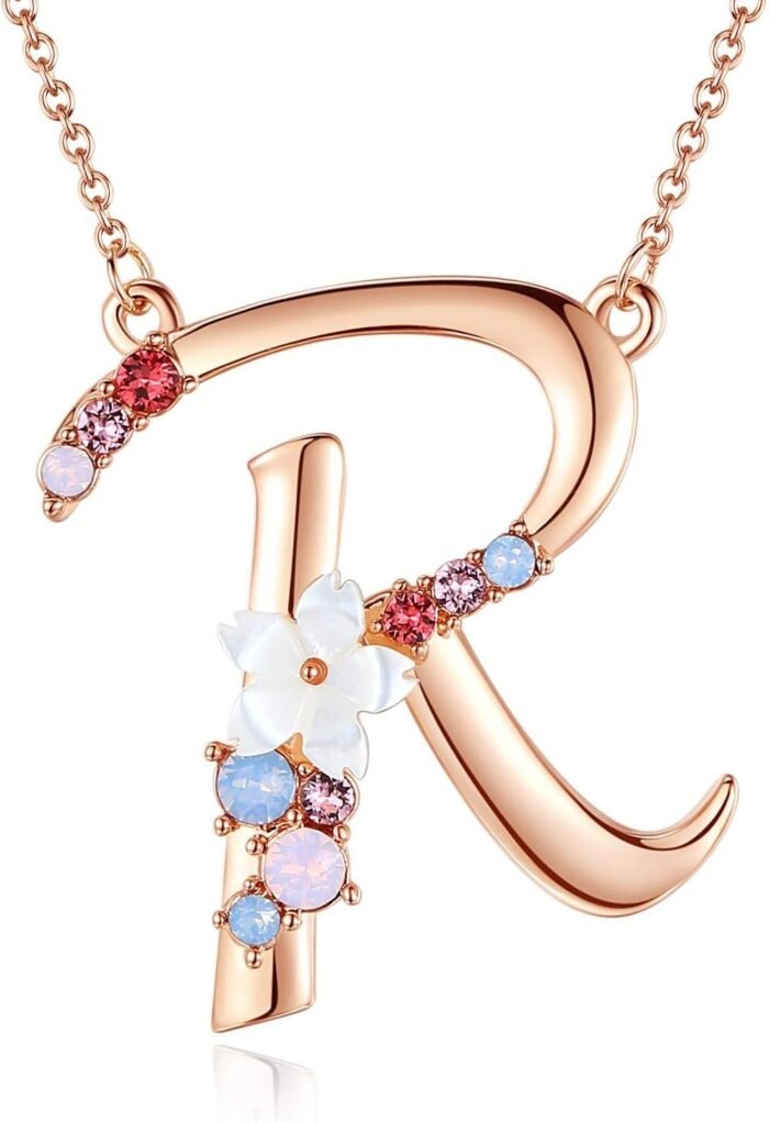 Flower Initial Letter Necklace Pink Red Blue Simulated Pearl Pendant Name Jewelry Made with Austrian Crystals Rose Gold Plated Anniversary Birthday Gifts for Women,18"+2"