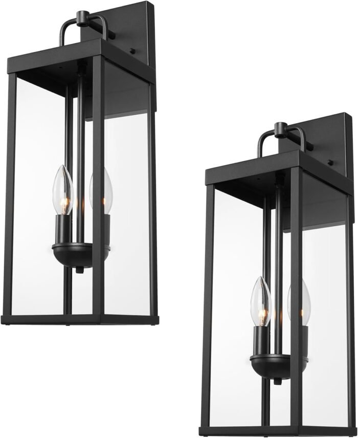 Outdoor Wall Sconce Lights, 20 Inch Tall Transitional Exterior Wall Lighting with Clear Glass, Modern Outside Wall Lantern for Front Porch Corridor Doorway Patio, RZ008M-2 BK