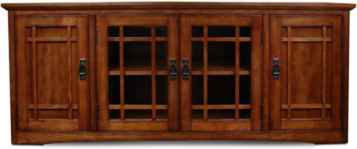 Leick Home 82360 Solid Wood Mission Oak Four Door TV Stand For 65" TVs Universal TV Console Living Room Storage Shelves Entertainment Center, Mission Oak - Image 5