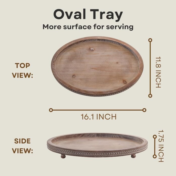 Decorative Tray, Oval Wooden Tray for Coffee Table Decor Kitchen Dinning Table Entryway, Small Beaded Tray for Holidays, Wood Tray Distressed Brown - Image 4