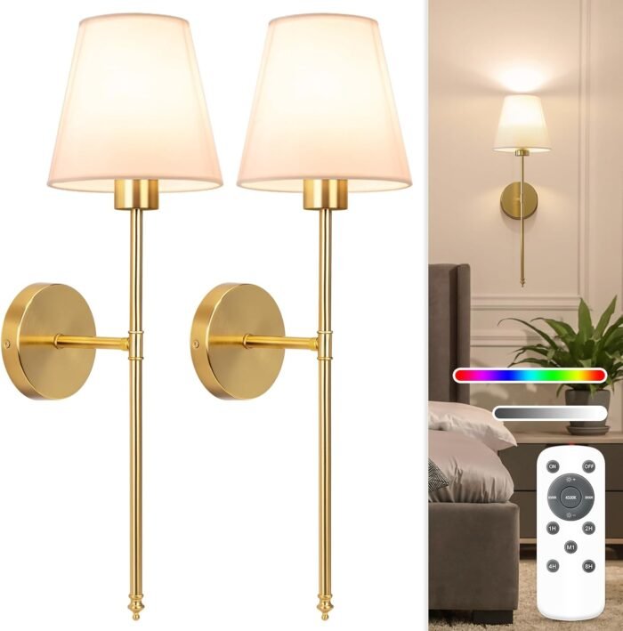 NIORSUN Battery Operated Wall Sconce Set of 2,Gold Rechargeable Wall Lights with 5200mAh Dimmable Detachable Bulbs and Remote,10 Colors Wireless Sconces for Bedroom Living Room Hallway