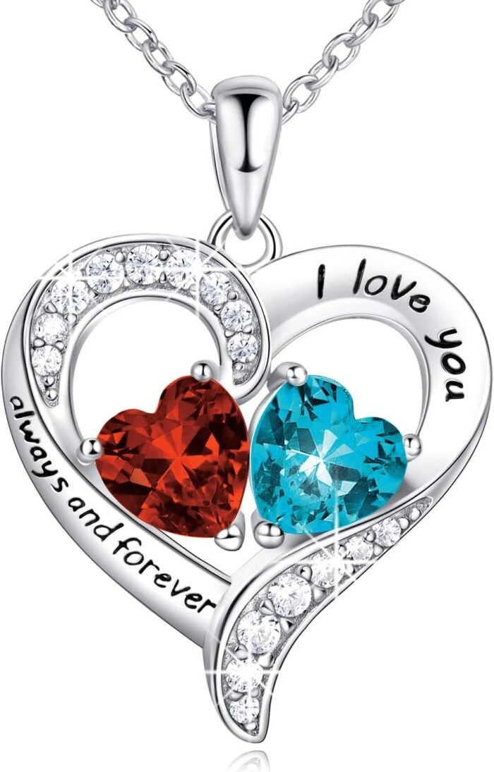 BlingGem Heart Necklaces for Women, 925 Sterling Silver Necklace for Women, Birthstone Necklace for Women, Jewelry for Women with 2 Birthstones, Women’s Jewelry Diamond Customized Pendant Necklace, Jewelry Gifts for Women Wife Mom Friend Her Sister