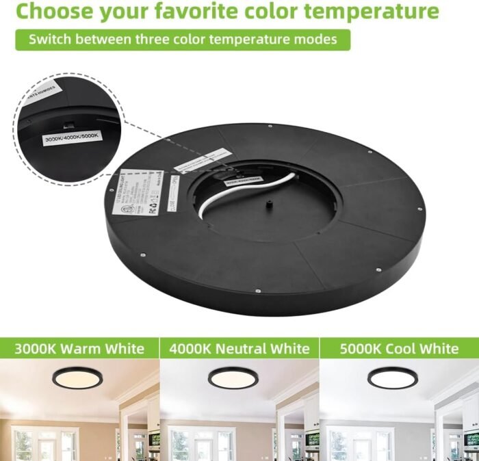 hykolity 12 Inch Selectable CCT LED Round Flat Panel Light, 24W 3000K/4000K/5000K, Edge-Lit Flush Mount Ceiling Light Fixture for Kitchen, Bedroom, Laundry and Closet Room，Black - Image 3