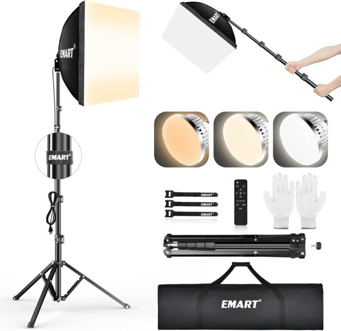 EMART Softbox Lighting Kit, 16"X16" Soft Box | 3000K-6000K 85W LED Bulbs with Remote | 65" Tripod, Professional Softbox Photography Lighting Kit for Studio Lights, Portrait, Video Recording(1PACK)