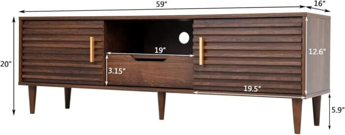 Mid-Century Modern TV Stand for TVs up to 65" Wood TV Console Media Cabinet with Drawer, Sliding Door Storage Cabinet, Open Shelf Home Entertainment Center for Living Room and Bedroom, Brown 59" - Image 5