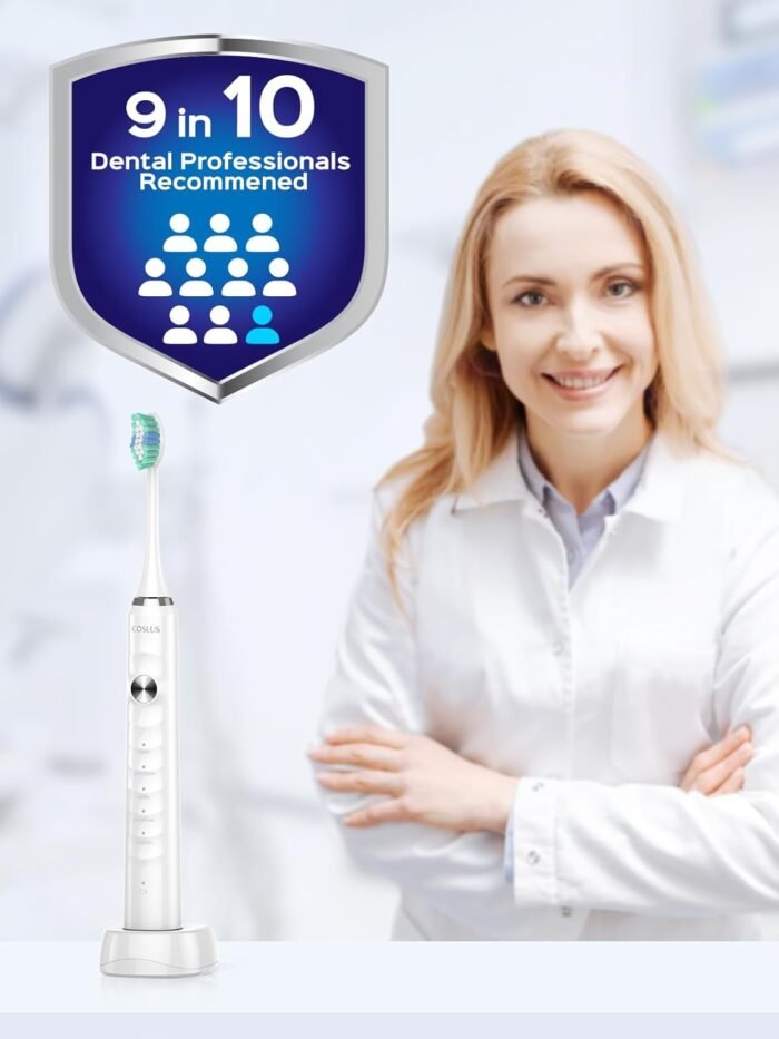 COSLUS Electric Toothbrush for Adults and Teen: Wireless Rechargeable Tooth Brush for Adult and Teen Youth with Portable Travel Case, 5 Modes 47000 VPM Power Toothbrushes 6 Brush Heads White - Image 3