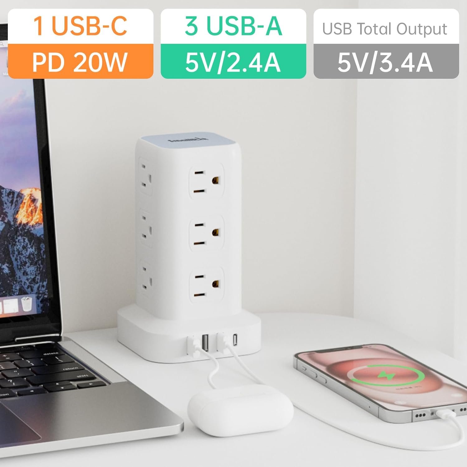 PD20W Power Strip Tower Surge Protector Power Strip with USB 12 Outlets with 4 USB Ports (1 USB C), Flat Plug 10FT Extension Cord Multi Plug Outlet Extender Overload Protection for Home Office - Image 5