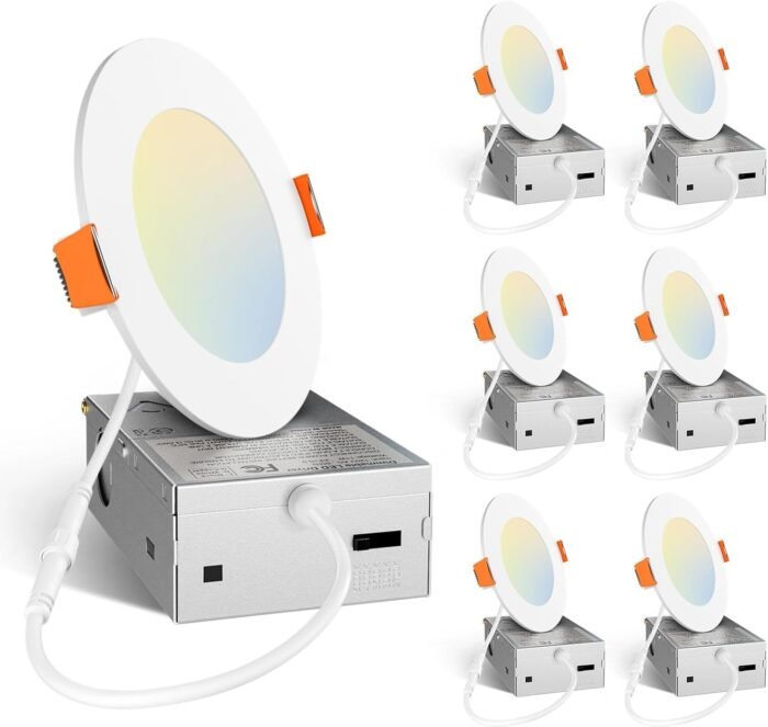 Amico 6 Pack 4 Inch 5CCT Ultra-Thin LED Recessed Ceiling Light with Junction Box, 2700K/3000K/3500K/4000K/5000K Selectable, 11W Eqv 70W 800LM Brightness Dimmable Canless Wafer Downlight, ETL & FCC