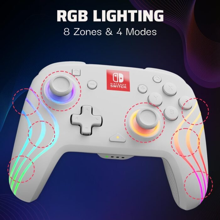 PDP Afterglow Wave Wireless Pro Controller with Full Motion for Nintendo Switch, OLED Model, 8 RGB LED Lighting Zones, 30 Foot Range, 20 Hour Rechargeable Battery: White - Image 2