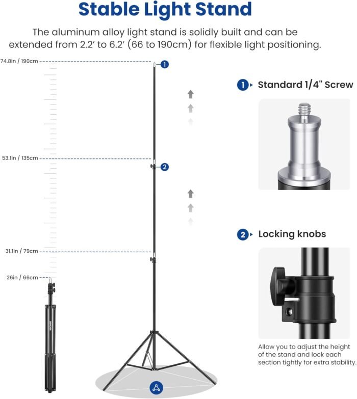 NEEWER 2 Pack Bi Color 660 LED Video Light and Stand Kit: (2) 3200-5600K CRI 96+ Dimmable Light with U Bracket and Barndoor, (2) 75 inches Light Stand for Studio Photography, Video Recording (Black) - Image 7