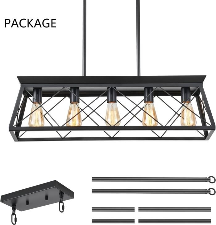 HuixuTe 5-Light Farmhouse Pendant Light for Dining Room, Rustic Kitchen Island Lighting, Adjustable Height Chandeliers for Kitchen, Dining Room Table Black - Image 8