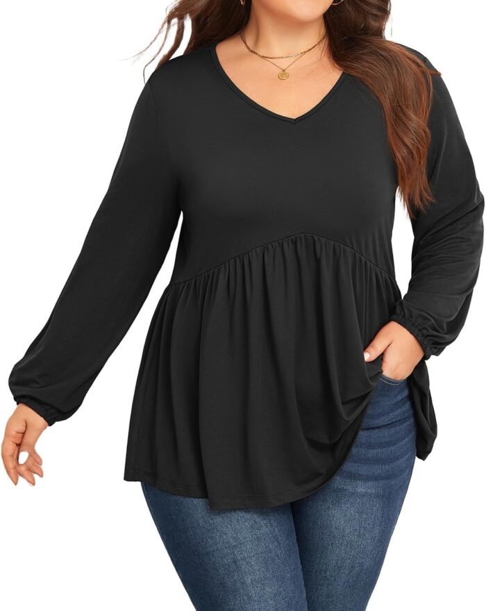 SHIJIALI Women Plus Size Tunic Long Sleeve Loose Fit Pleated Casual V Neck Babydoll Flowy Shirts - Image 4
