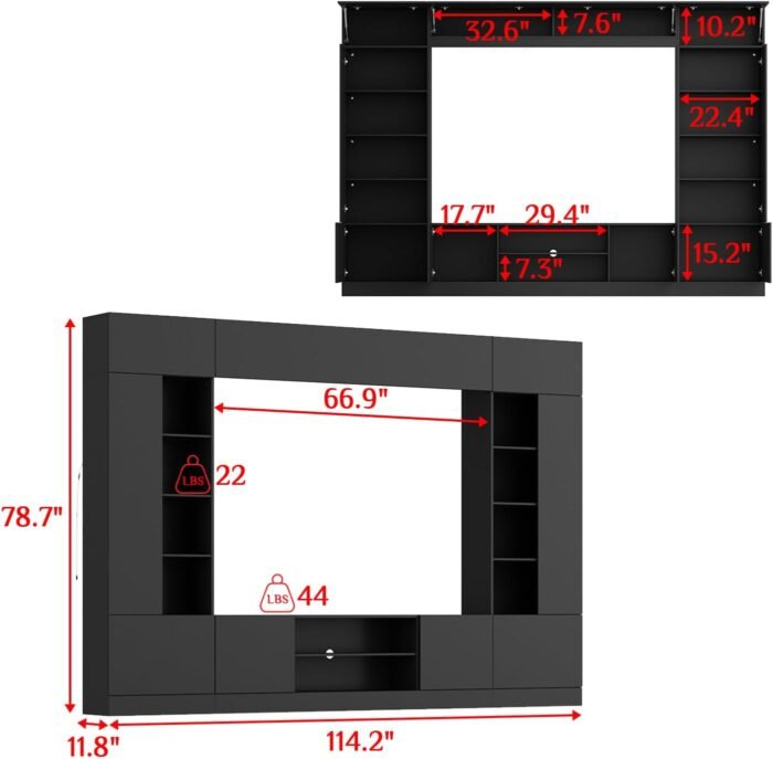114" Large Wall Unit Entertainment Center with Bookshelves, Lights and 18 Shelves, Modern 4-Piece TV Stand Media Console Table with Bridge Cabinet for Living Room & Home Theater, Black - Image 2