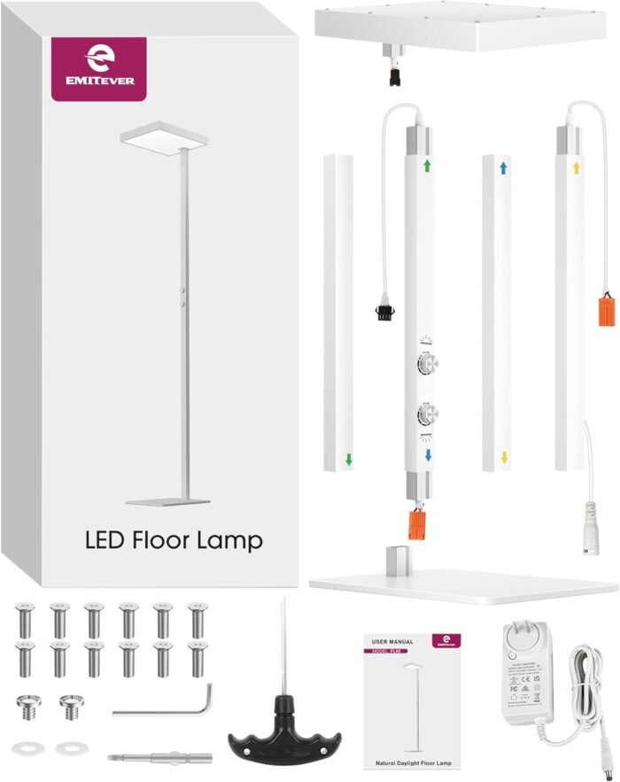 EMITEVER LED Floor Lamp, 60W Full-Spectrum Eye-Care Standing Light, 72.8” Dimmable Reading Lamp for Study Rooms, Living Rooms, Dental Offices and Conference Lighting, 4000K Natural Daylight, White - Image 8