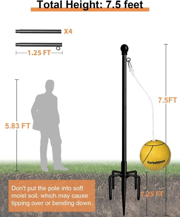 Garbuildman Tetherball Set with Ball & Rope for Outdoor Backyard, Adjustable Tether Ball Pole with Reinforced 5-Prong Base for Playground, Outside Ball Games Sports for Kids & Adults, Black - Image 3