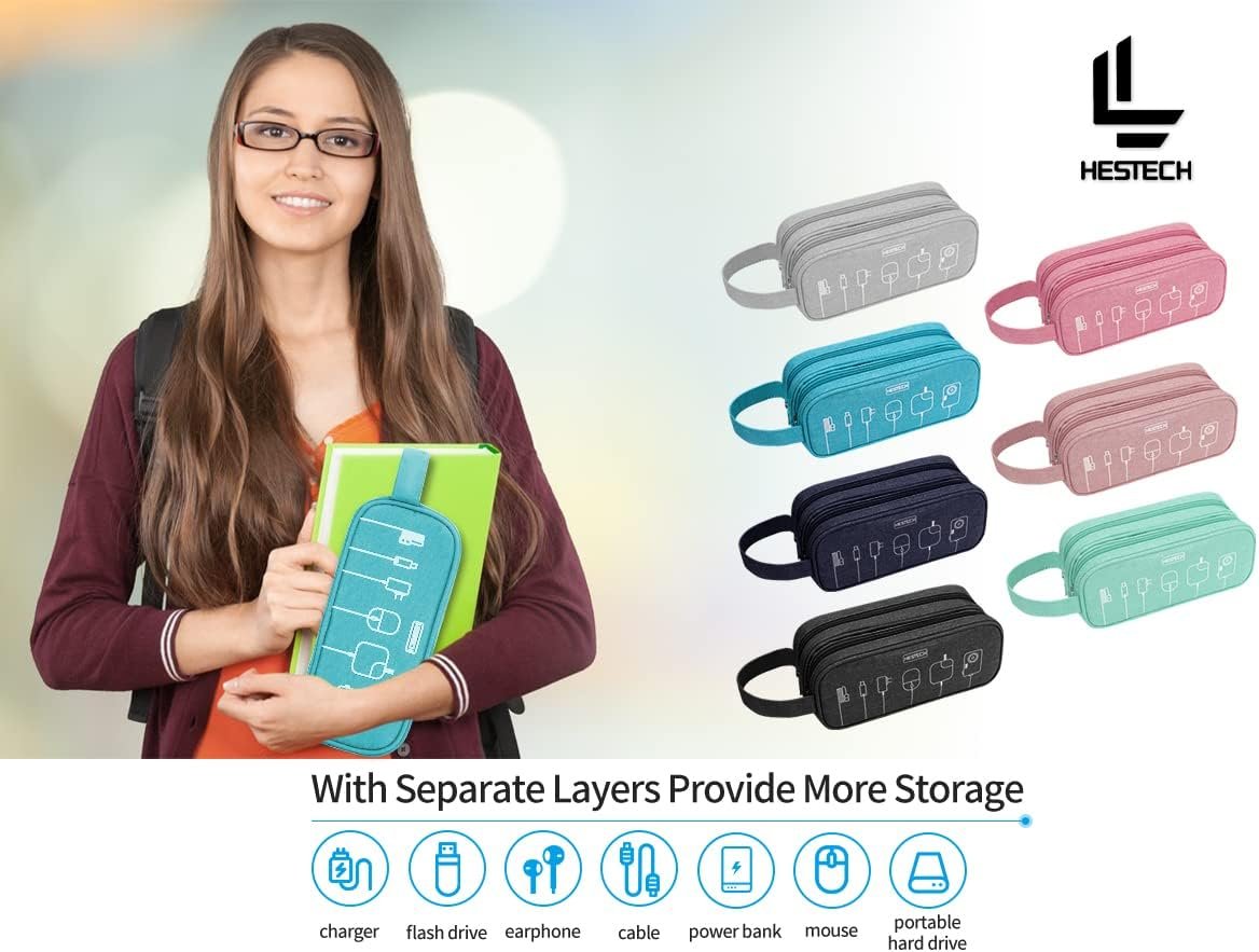 HESTECH Electronics Organizer Travel Charger Case Cord Cable Organizer Bag Portable Waterproof Double Layers All-in-one Storage for Charger Mouse Earbud USB Drive (Teal, Medium) - Image 8