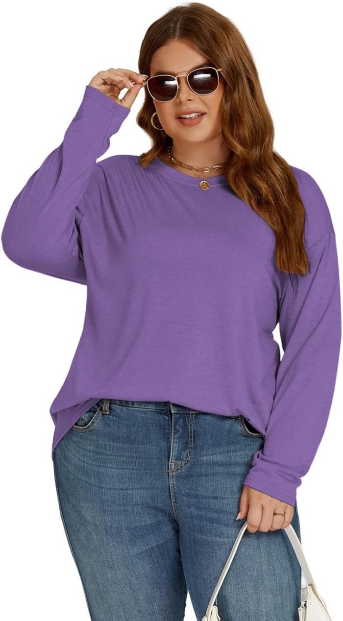ROSRISS Plus-Size-Oversized-Tops for Women Trendy Drop Shoulder Pullover Shirts Casual Crewneck Long Sleeve Tunics XL-5XL - Image 3
