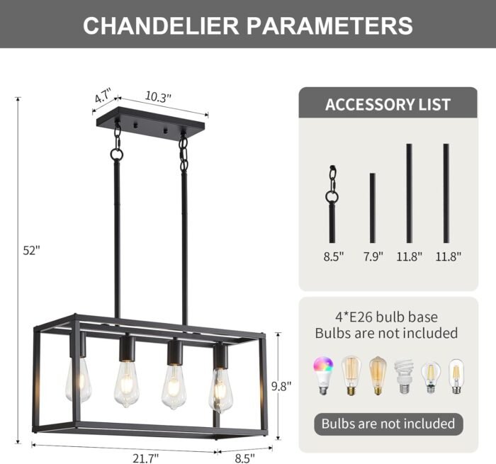 Dining Room Light Fixture 4 Light Black Farmhouse Chandelier Modern Kitchen Island Pendant Lighting Rectangular Hanging Lights for Kitchen Dining Room Adjustable Height Metal E26 Base - Image 5
