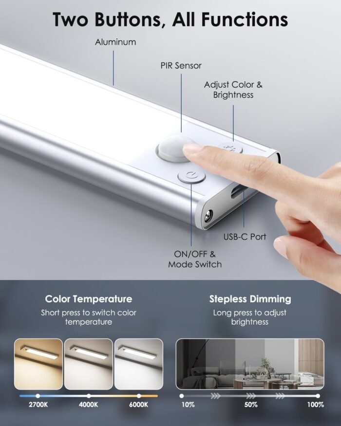 VerRon 5-Pack Under Cabinet Lighting, Upgraded 2000mAh Rechargeable Under Cabinet Lights Wireless with 3 Color Temps 68 LED, Indoor Motion Sensor Closet Lights Under-counter Light Fixtures for Kitchen - Image 5