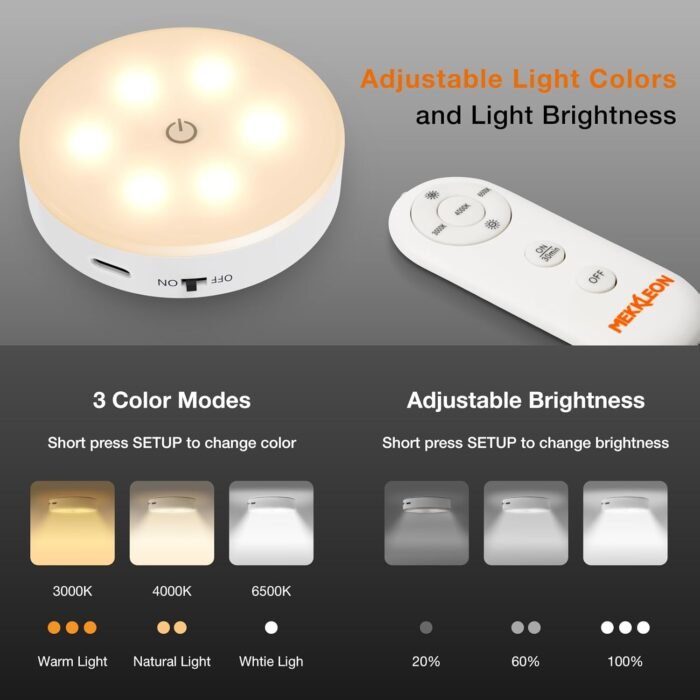 Wireless LED Puck Light with Remote,3 Color Temperatures Dimmable Under Cabinet, Closet Light, Rechargeable Under Counter Lighting,Stick On Lights for Bar,Hallway, Stairway,Kitchen (3 Pack CCT) - Image 4