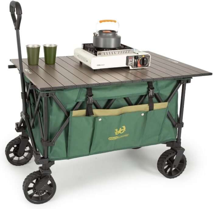 Whitsunday Folding Collapsible Wagon,Camping Large Capacity Heavy Duty Wagon Outdoor Park Beach Wagon Cart with Table Top,Utility Grocery Wagon for Camping Sports Outdoor Shopping Green