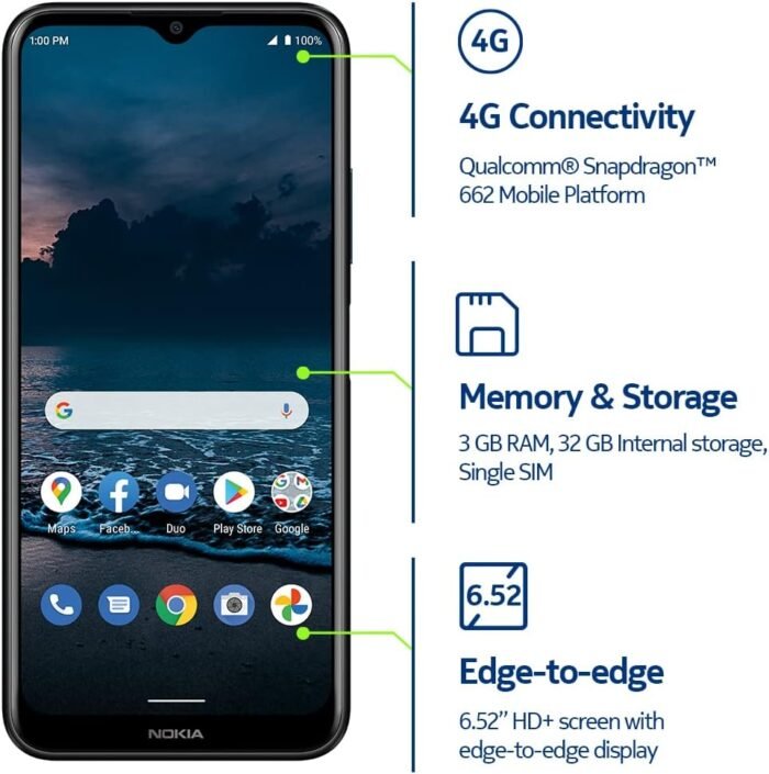 Nokia G100 | Verizon, T-Mobile, AT&T | Android 12 | Unlocked Smartphone | 2-Day Battery | US Version | 3/32GB | 6.52-Inch Screen | 13MP Triple Camera | Polar Night (Renewed) - Image 4