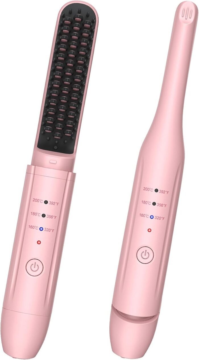 2Pcs Pink Cordless Portable Hair Straightener and Travel Hair Straightener Brush Set with Carrying Case, Hair Straightening Irons and Hot-Air Hair Brushes Set for Beauty and Personal Care - Image 2