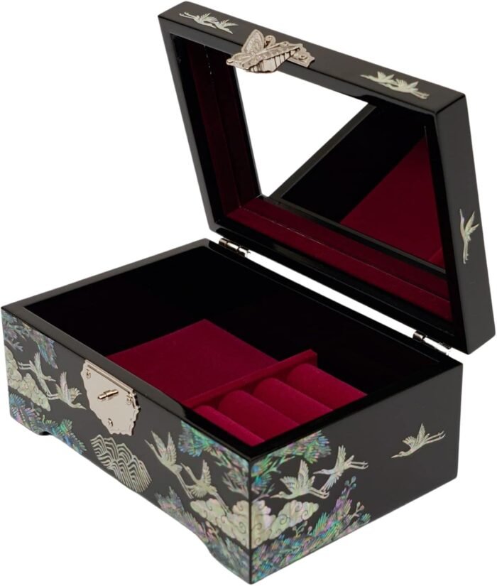 February Mountain Mother of Pearl Jewelry Box – Traditional Korean Design with Cranes and Pine Trees | Handcrafted Wooden Box, Velvet-Lined Interior for Rings, Earrings & Necklaces | Gifts for Women - Image 7