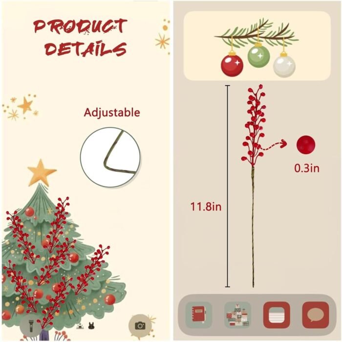 Artificial Red Berry,8 Pack Holly Christmas Berries Stems for Christmas Tree Decorations, Crafts, Holiday and Home Decor (red) - Image 2