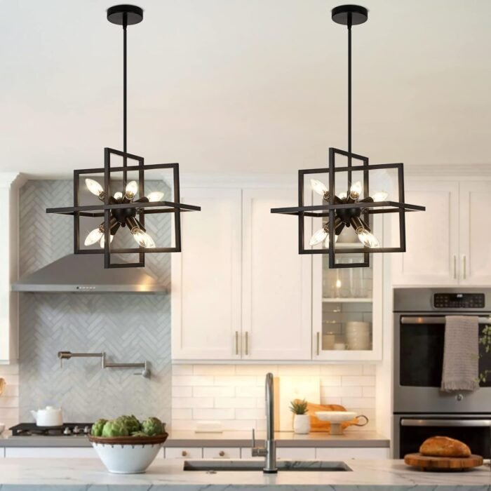 Small Modern Lantern Chandeliers, Geometric Black Pendant Lighting, 8-Light Industrial Hanging Chandelier Light Fixture for Dining Room, Kitchen, Bedroom, Foyer, Entryway, Farmhouse UL Listed - Image 8