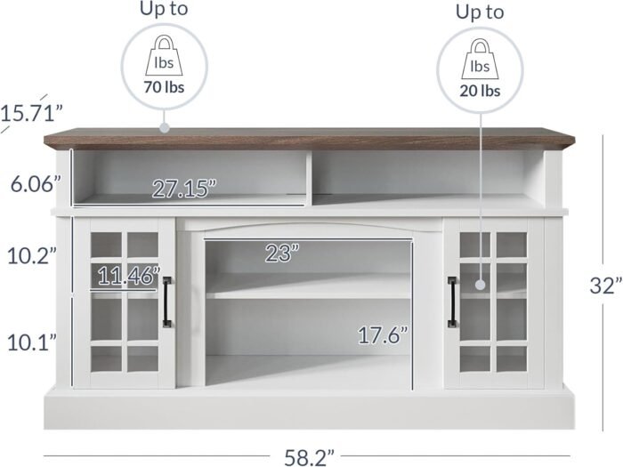 BELLEZE 58 Inch TV Stand, Rustic Wood Entertainment Center for TVs up to 65", Contemporary Media Console Table with Two Open Shelves and Glass Door Cabinets - Astorga (White) - Image 5