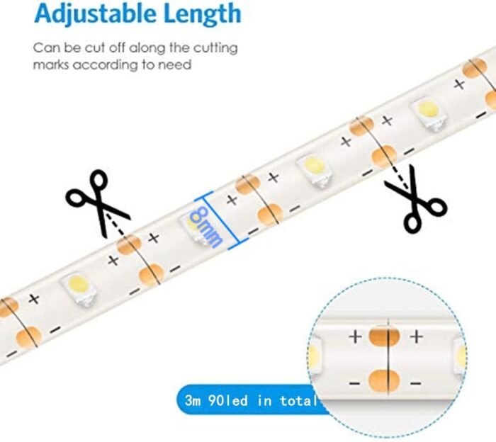 echosari 9.8FT 90Led RGB Strip Lights Battery Powered Remote Control, 8 Modes, Dimmable, Timer, Self-Adhesive, Cuttable, Waterproof, for TV Computer Monitor/Screen Decor - Image 5