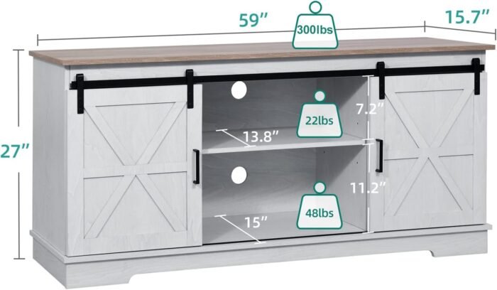 YITAHOME Farmhouse TV Stand for TVs up to 65 Inch, Entertainment Center with Sliding Barn Doors and Storage Cabinet, Rustic TV Media Console for Living Room, Grey White & Grey Wash - Image 2